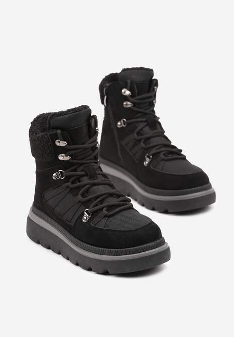 Czarne Futerkowe Traperki na Niskiej Platformie Linivora 5