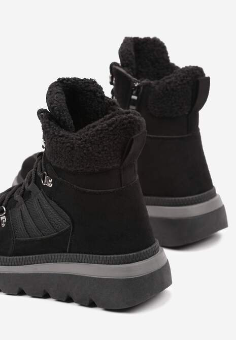 Czarne Futerkowe Traperki na Niskiej Platformie Linivora 6