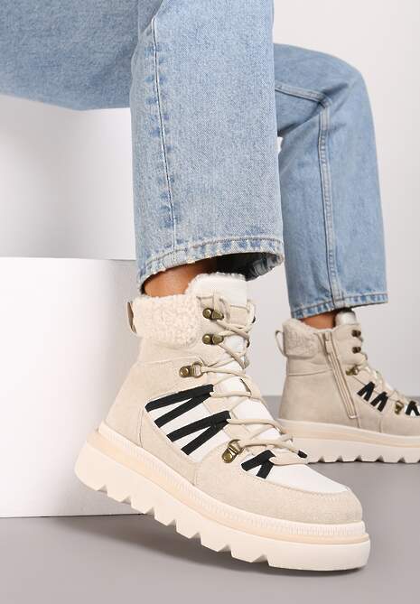 Beżowe Futerkowe Traperki na Niskiej Platformie Linivora