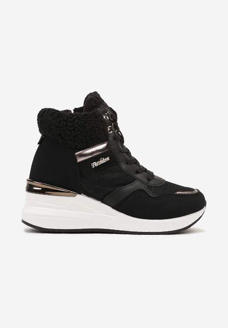 Czarne Sneakersy na Koturnie z Wysoką Cholewką Ozdobione Brokatem Sinthera 4