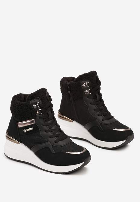 Czarne Sneakersy na Koturnie z Wysoką Cholewką Ozdobione Brokatem Sinthera 5