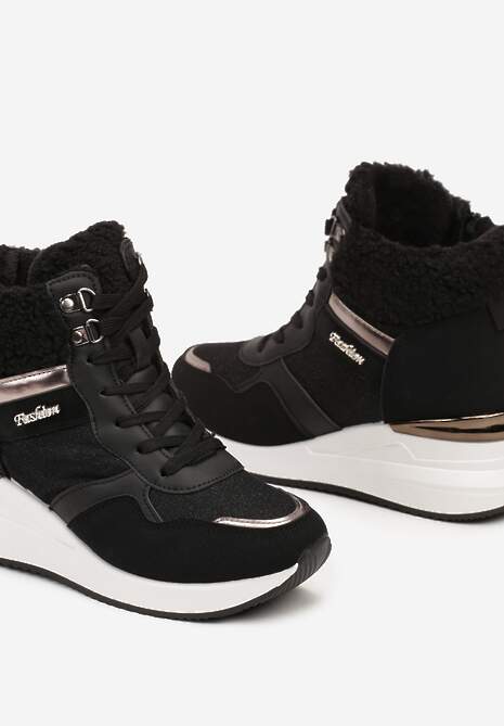 Czarne Sneakersy na Koturnie z Wysoką Cholewką Ozdobione Brokatem Sinthera 6