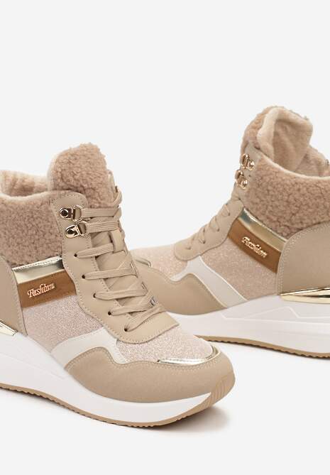 Ciemnobeżowe Sneakersy na Koturnie z Wysoką Cholewką Ozdobione Brokatem Sinthera 6