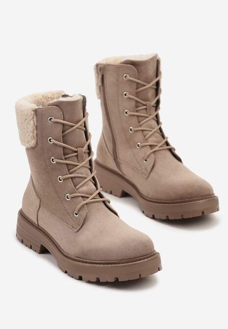 Beżowe Botki Typu Workery na Płaskiej Podeszwie z Barankowym Futerkiem przy Cholewce Nevathira 5