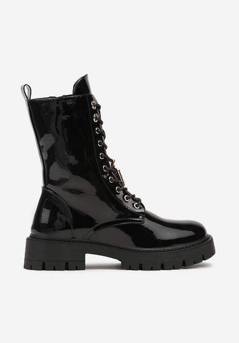 Czarne Botki Workery na Grubej Podeszwie Ozdobione Lakierowanym Połyskiem i Cyrkoniami Deloriana 4