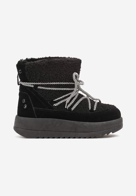 Czarne Niezapinane Śniegowce na Niskiej Platformie z Futerkiem i Sznurowaniem Avalisande 4