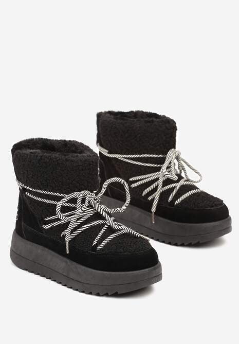 Czarne Niezapinane Śniegowce na Niskiej Platformie z Futerkiem i Sznurowaniem Avalisande 5