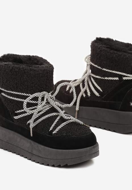 Czarne Niezapinane Śniegowce na Niskiej Platformie z Futerkiem i Sznurowaniem Avalisande 6