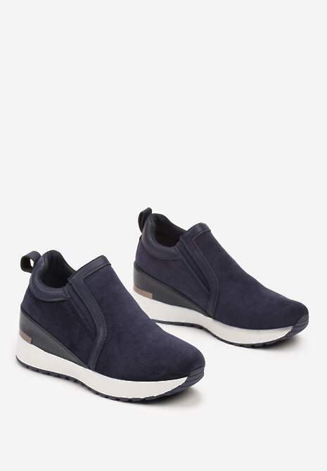 Granatowe Sneakersy na Koturnie z Elastyczny Materiałem i Metaliczną Aplikacją Flarie 5