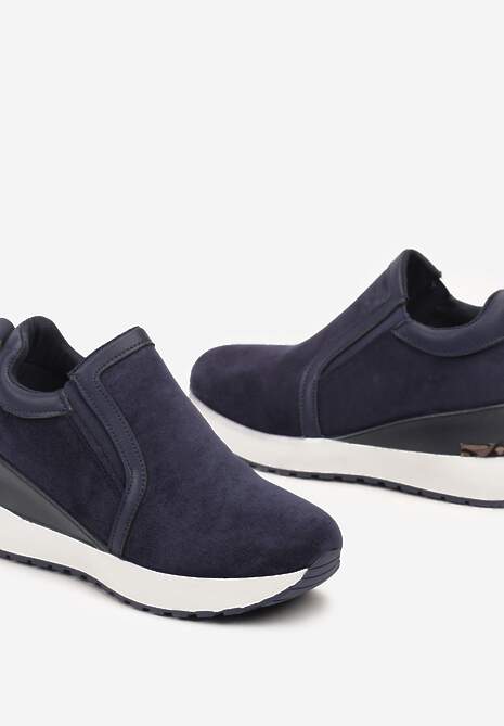 Granatowe Sneakersy na Koturnie z Elastyczny Materiałem i Metaliczną Aplikacją Flarie 6