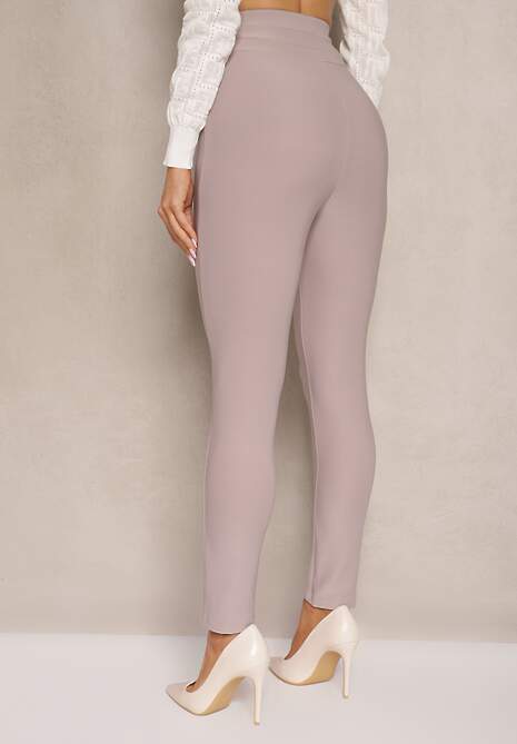Jasnobeżowe Legginsy Bawełniane High Waist Ozdobione Guzikami Liorvia 4