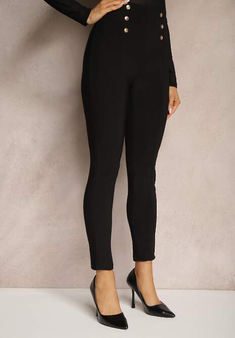 Czarne Legginsy Bawełniane High Waist Ozdobione Guzikami Liorvia 4