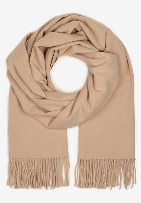 Beżowy Długi Szalik Wiskozowy z Wełną Ozdobiony Frędzlami Portina