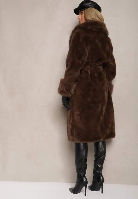 Brązowy Futrzany Płaszcz z Wiązanym Paskiem Ozdobnym Kołnierzem i Mankietami Viaressa 4