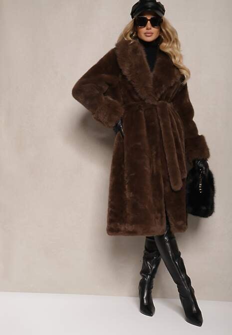 Brązowy Futrzany Płaszcz z Wiązanym Paskiem Ozdobnym Kołnierzem i Mankietami Viaressa 5