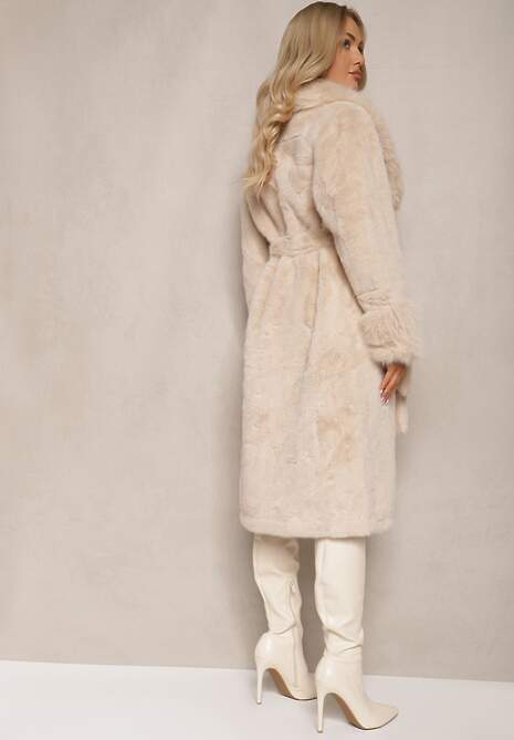 Beżowy Futrzany Płaszcz z Wiązanym Paskiem Ozdobnym Kołnierzem i Mankietami Viaressa 4
