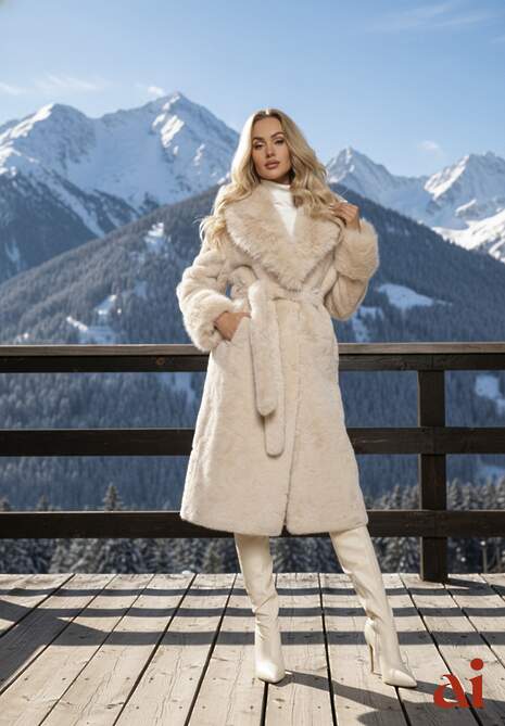 Beżowy Futrzany Płaszcz z Wiązanym Paskiem Ozdobnym Kołnierzem i Mankietami Viaressa