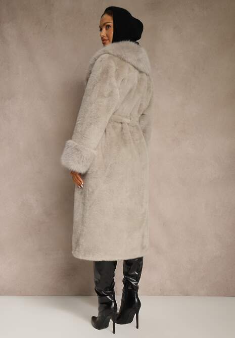 Szary Futrzany Płaszcz z Wiązanym Paskiem Ozdobnym Kołnierzem i Mankietami Viaressa 4