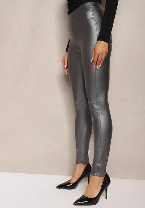 Szare Legginsy z Imitacji Skóry High Waist Noriel 4