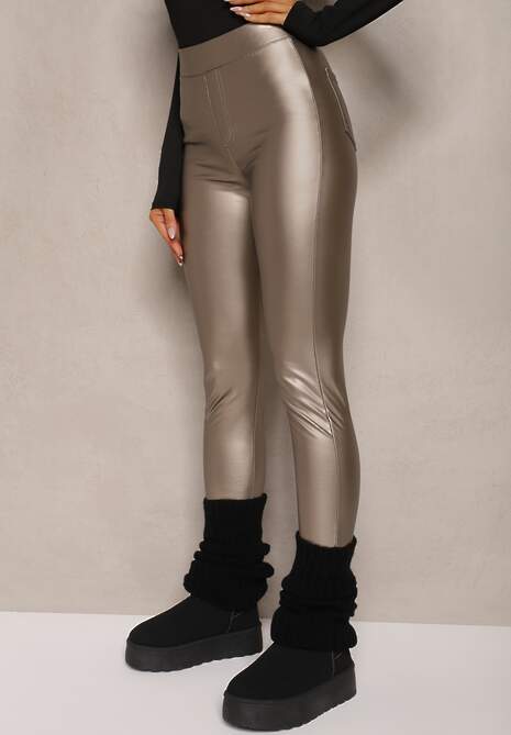 Złote Legginsy z Imitacji Skóry High Waist Ozdobione Wsuwanymi Kieszeniami Valerievia 4