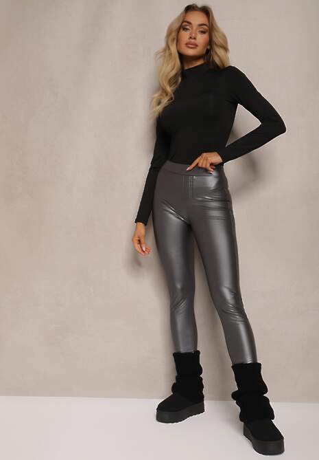 Ciemnoszare Legginsy z Imitacji Skóry High Waist Ozdobione Wsuwanymi Kieszeniami Valerievia