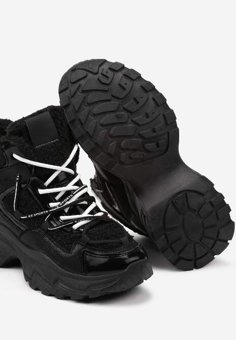 Czarne Sneakersy na Platformie Ozdobione Metaliczną Nicią i Futerkiem Volattia 6