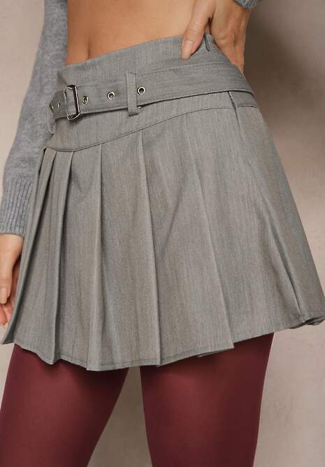 Szare Spódnico Szorty w Stylu Preppy z Plisami Low Waist Romista 5