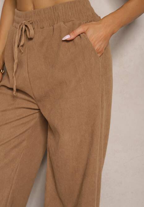 Ciemnobeżowe Spodnie o Szerokim Kroju High Waist z Wiązaniem w Pasie Ettianne 5