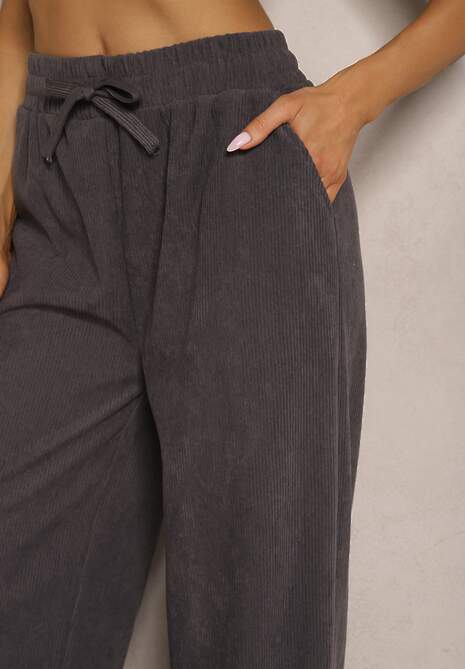 Szare Spodnie o Szerokim Kroju High Waist z Wiązaniem w Pasie Ettianne 5