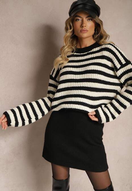 Biało-Czarny Casualowy Sweter z Bawełną Ozdobiony Paskami Zinaja 4
