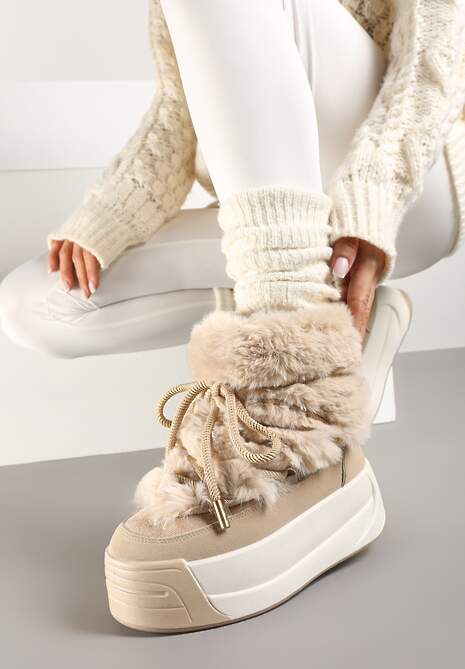 Ciemnobeżowe Futerkowe Śniegowce Wsuwane na Platformie z Imitacją Sznurówek Linettia 5