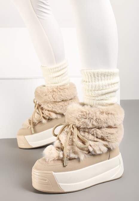 Ciemnobeżowe Futerkowe Śniegowce Wsuwane na Platformie z Imitacją Sznurówek Linettia 4