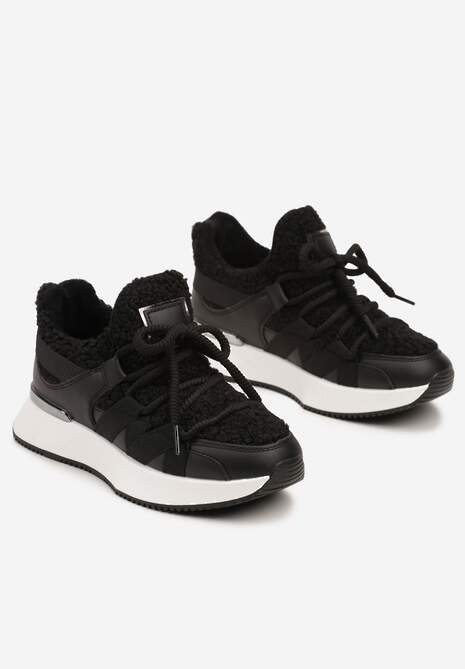 Czarne Sneakersy Zimowe z Futerkiem Barankiem na Niskiej Platformie Zinethia 5