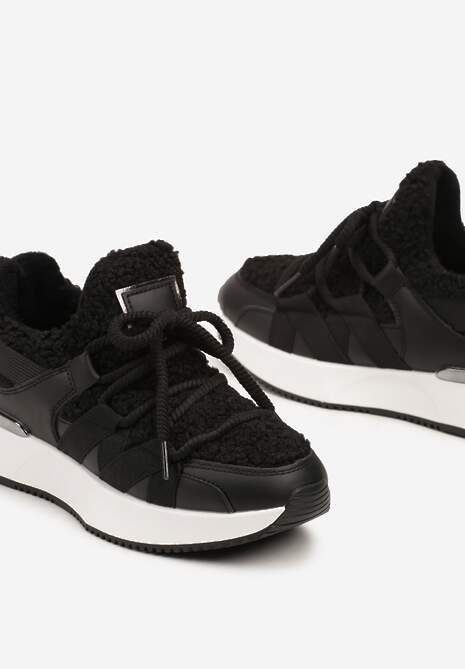 Czarne Sneakersy Zimowe z Futerkiem Barankiem na Niskiej Platformie Zinethia 6