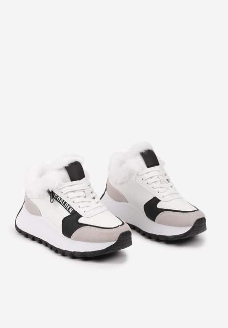 Białe Sneakersy na Platformie z Napisem Sznurowaniem i Futerkiem Vazina 5