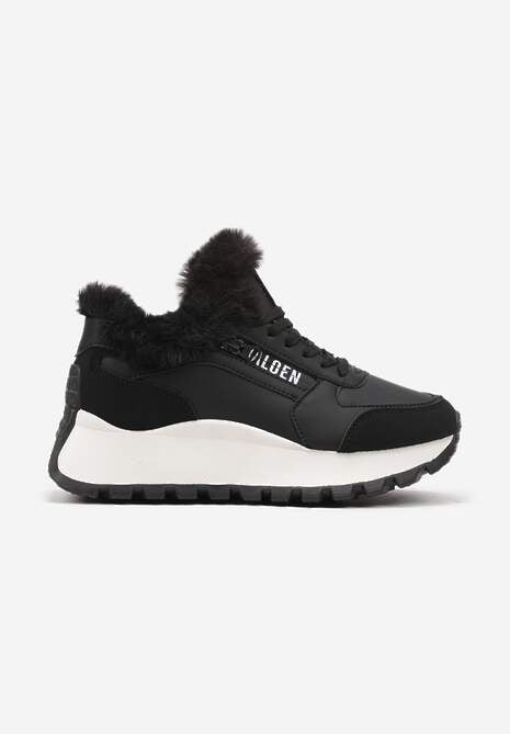 Czarne Sneakersy na Platformie z Napisem Sznurowaniem i Futerkiem Vazina 4
