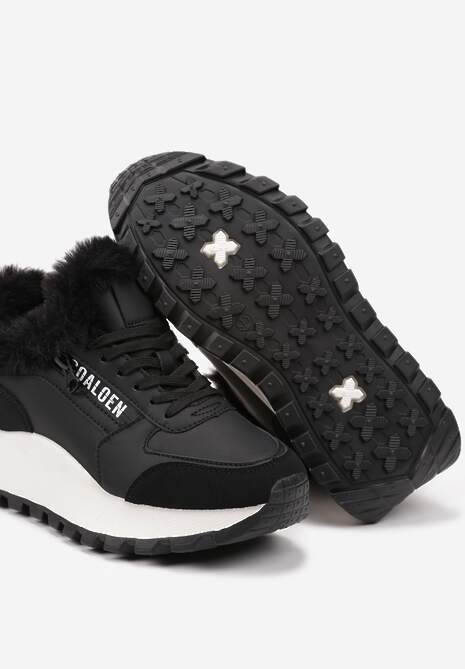 Czarne Sneakersy na Platformie z Napisem Sznurowaniem i Futerkiem Vazina 6