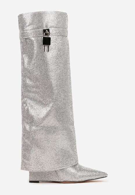 Srebrne Kozaki na Koturnie z Cholewką Imitującą Nogawkę Zdobione Cyrkoniami Zinolea 4