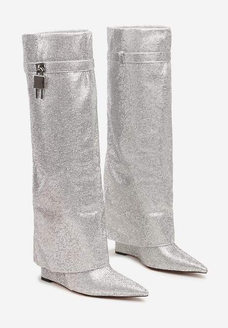 Srebrne Kozaki na Koturnie z Cholewką Imitującą Nogawkę Zdobione Cyrkoniami Zinolea 5