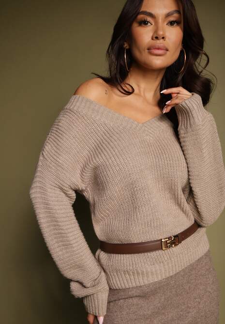 Beżowy Sweter z Dekoltem w Serek Akaxa 5