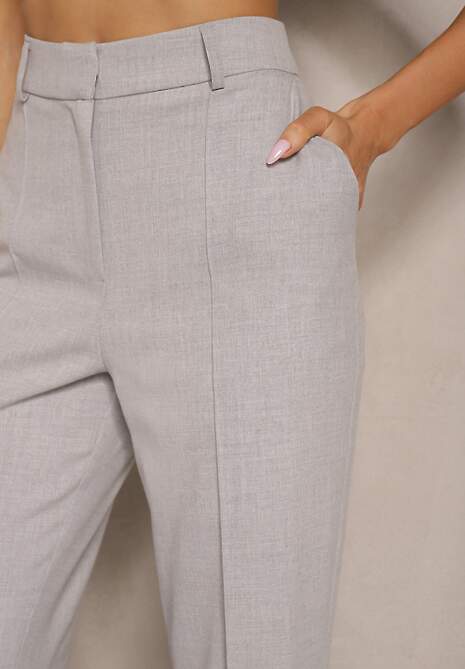 Jasnoszare Spodnie Garniturowe z Wiskozą High Waist o Szerokim Kroju Ceanita 5