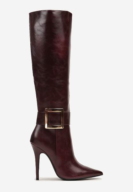 Bordowe Kozaki na Szpilce z Metaliczną Klamrą Evelinna 4