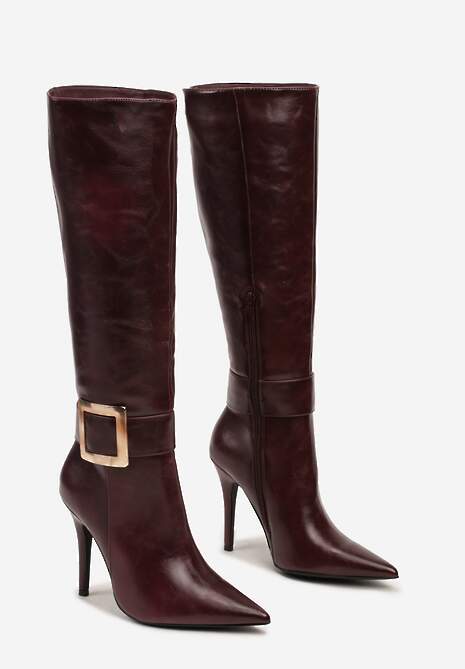 Bordowe Kozaki na Szpilce z Metaliczną Klamrą Evelinna 5