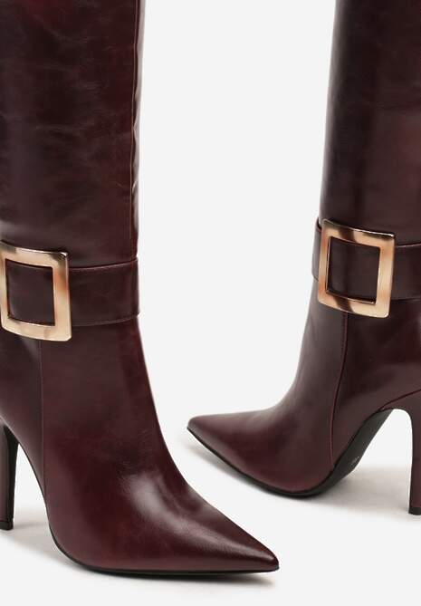 Bordowe Kozaki na Szpilce z Metaliczną Klamrą Evelinna 6