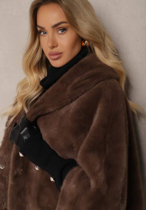 Brązowa Kurtka z Futerkiem w Stylu Nietoperza o Krótkim Kroju Zemizia 5