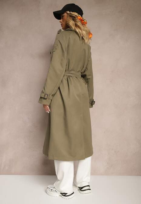 Zielony Oversizowy Płaszcz Trencz o Dwurzędowym Kroju z Paskiem Darinella 6