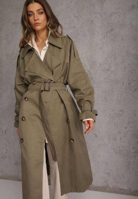 Zielony Oversizowy Płaszcz Trencz o Dwurzędowym Kroju z Paskiem Darinella