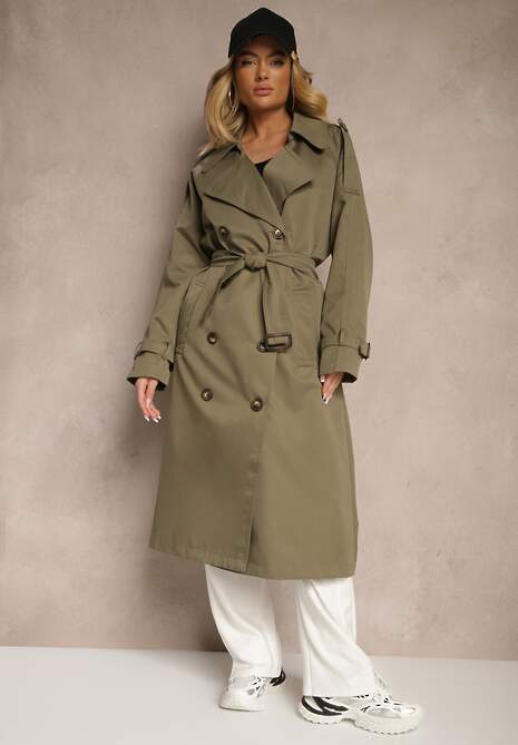 Zielony Oversizowy Płaszcz Trencz o Dwurzędowym Kroju z Paskiem Darinella 5
