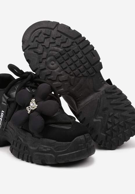 Czarne Sneakersy na Tłoczonej Podeszwie z Podwójnymi Sznurówkami i Kwiatową Naszywką Nitina 6