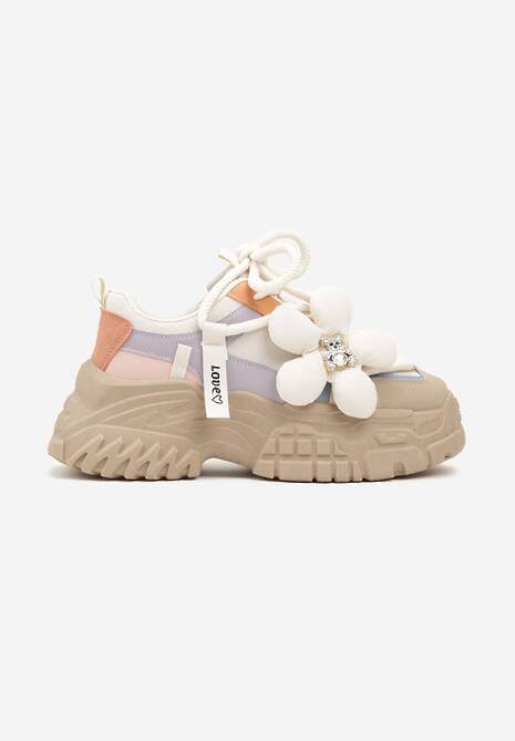 Ciemnobeżowe Sneakersy na Tłoczonej Podeszwie z Podwójnymi Sznurówkami i Kwiatową Naszywką Nitina 4